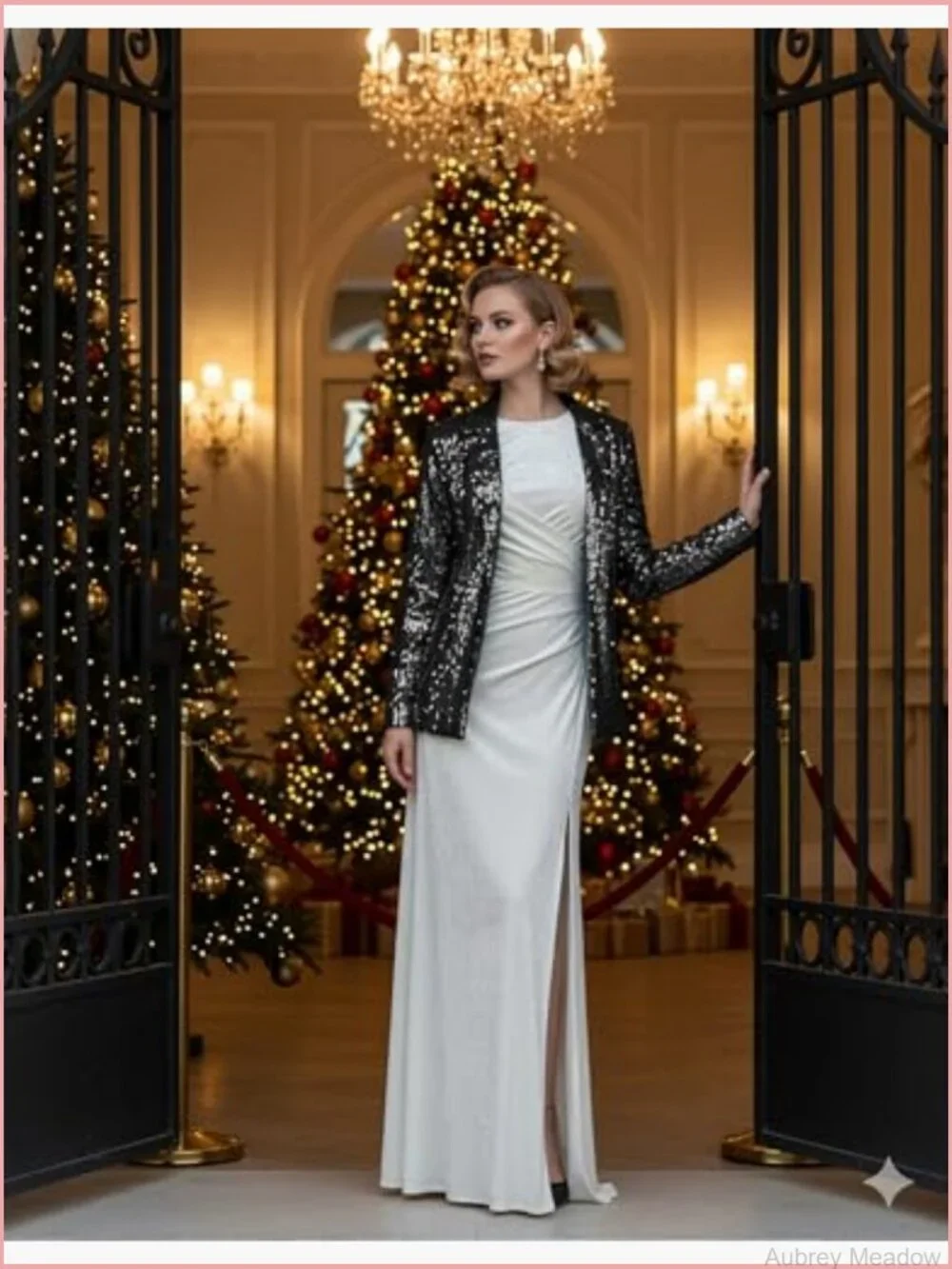 Sequin Open Front Blazer Jacket Long Sleeve Sparkly Cardigan Coat with Pockets